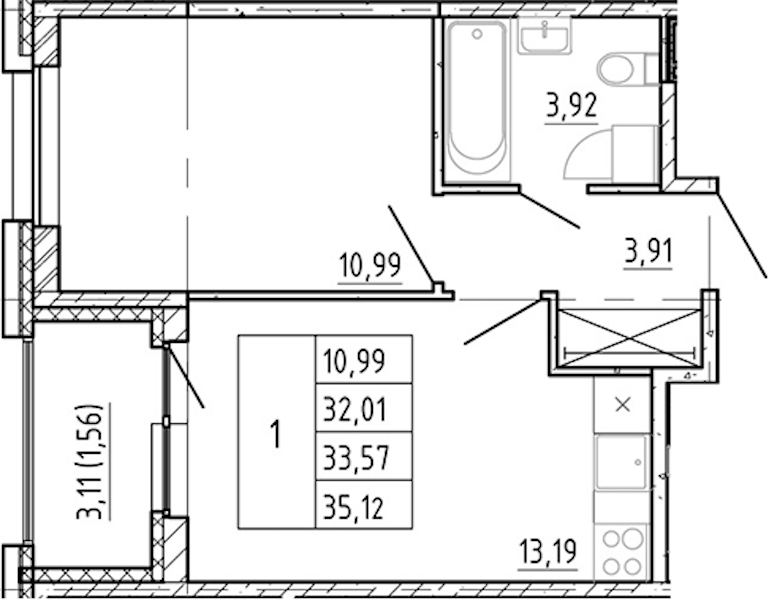 1-комнатная квартира 32.01 м², 7/12 эт., ЖК «Полис Новоселье»